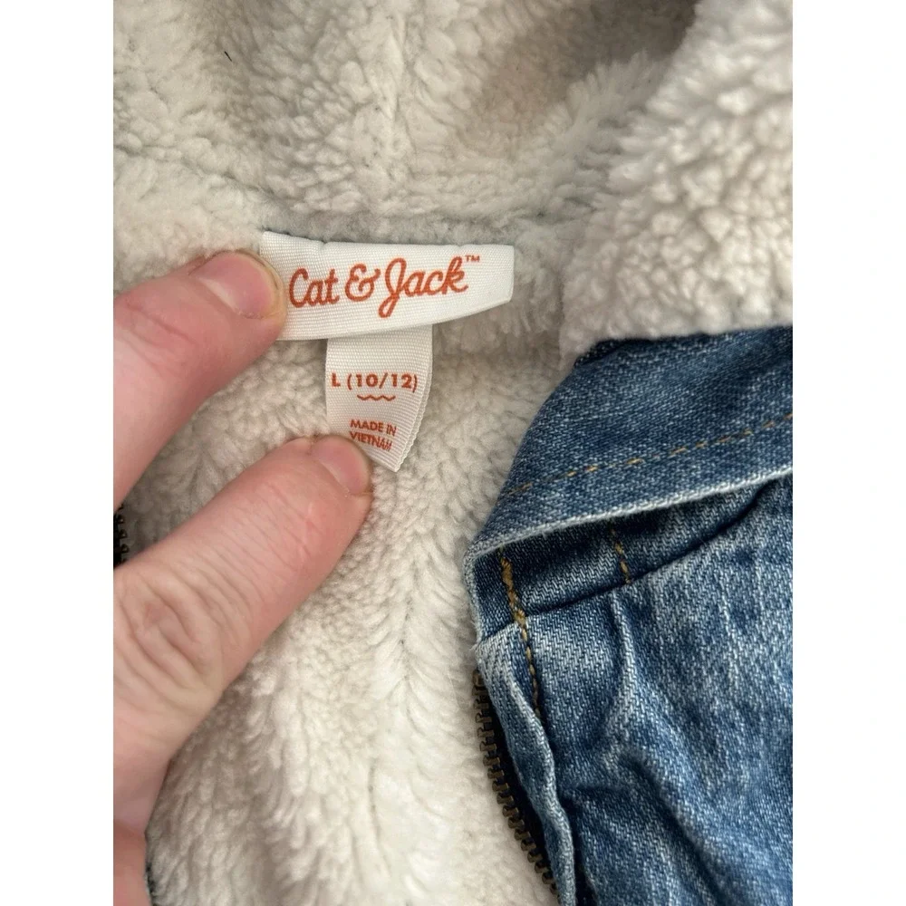 Cat And Jack Girls Denim Sherpa Jacket Hooded Sherpa Lined Size Large 10/12